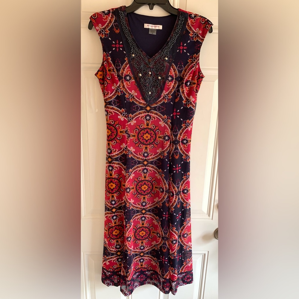 Allison Daley Beaded Dress Women’s 6P Floral Pink Blue Embellished V Neck Sleeve